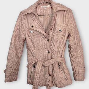 Via Spiga Womens Puffer Sz XS Pink Jacket Hood Belted classiccore Whimsicore Y2K